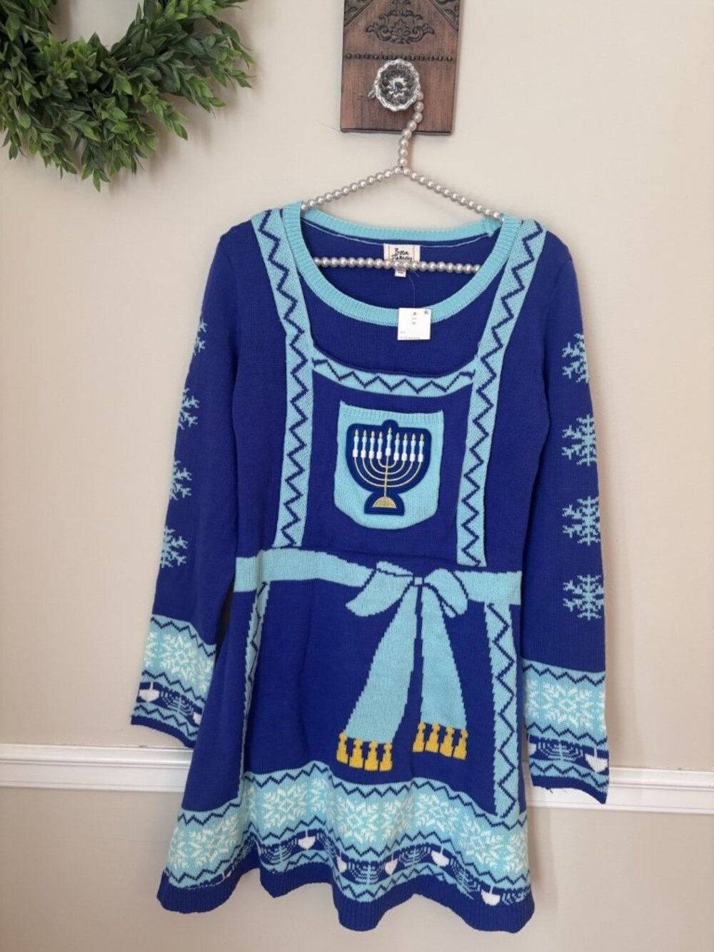 NWT Born Famous Size XL Holiday Sweater Dress Hanukkah Menorah Blue Long Sleeve